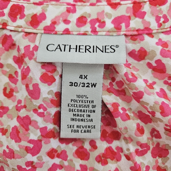 Catherines Blouse Lightweight Pink Leopard Lace Up 3/4 Sleeve Ruffle Womens 4x - Picture 4 of 8